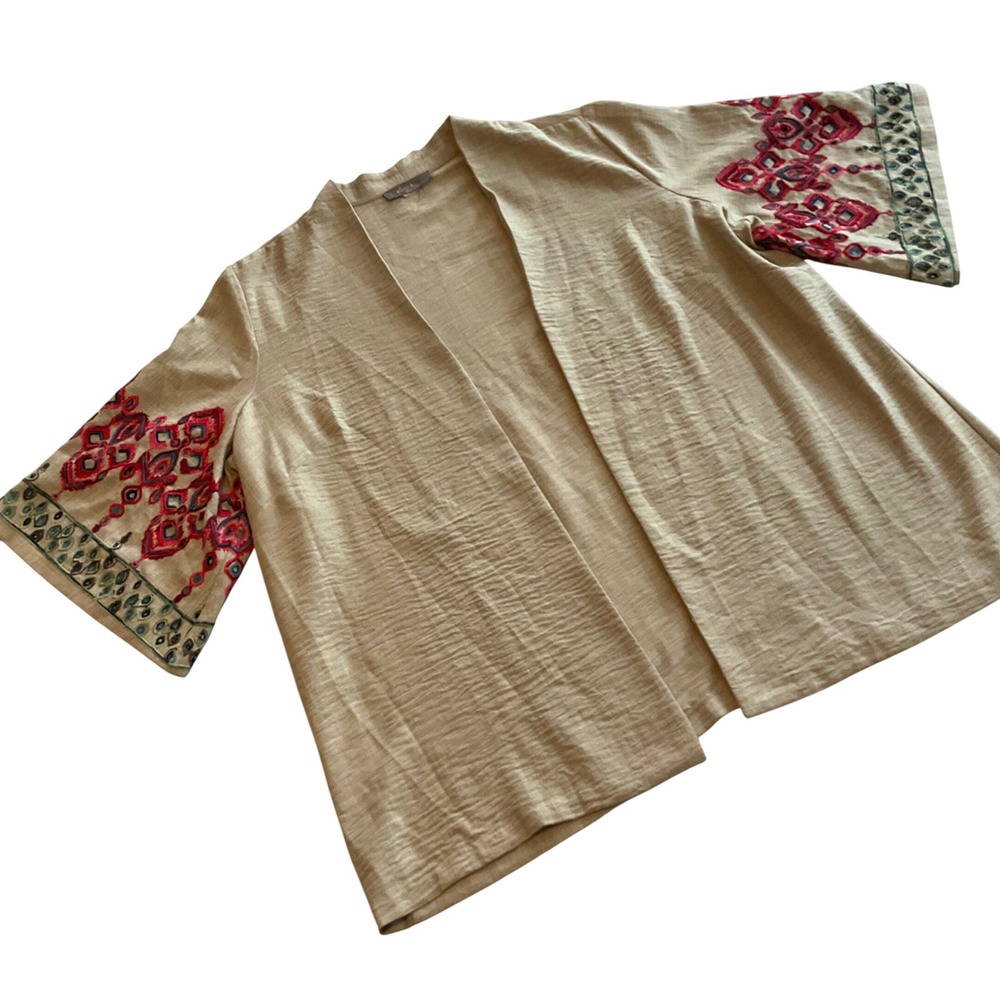 Olivia‎ & Martin Open Front Kimono Cardigan Embroidered Bell Sleeves Beige
